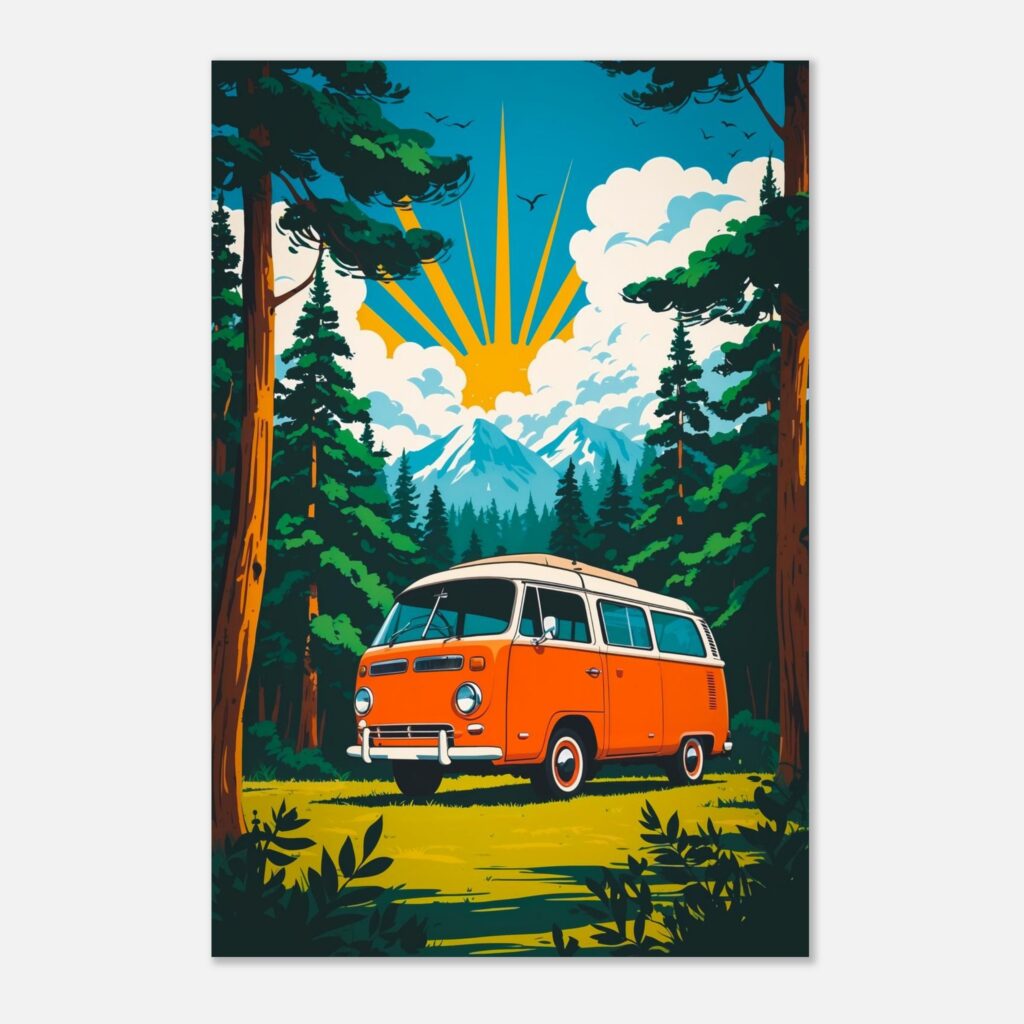 60s Forest Camper Van Escape – Car Metal Poster