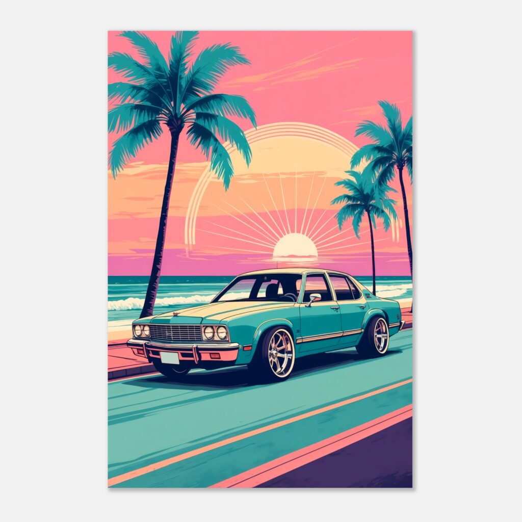 Miami Chill Sunset Sedan – Car Metal Poster