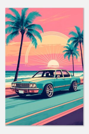Miami Chill Sunset Sedan – Car Metal Poster