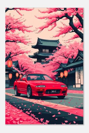 Sakura Temple Red Coupe - Car Metal Poster