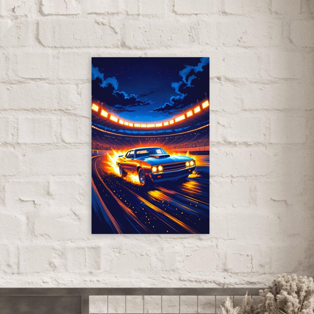 Night Racing Muscle Car Metal Poster (Mounted on Brick Wall)