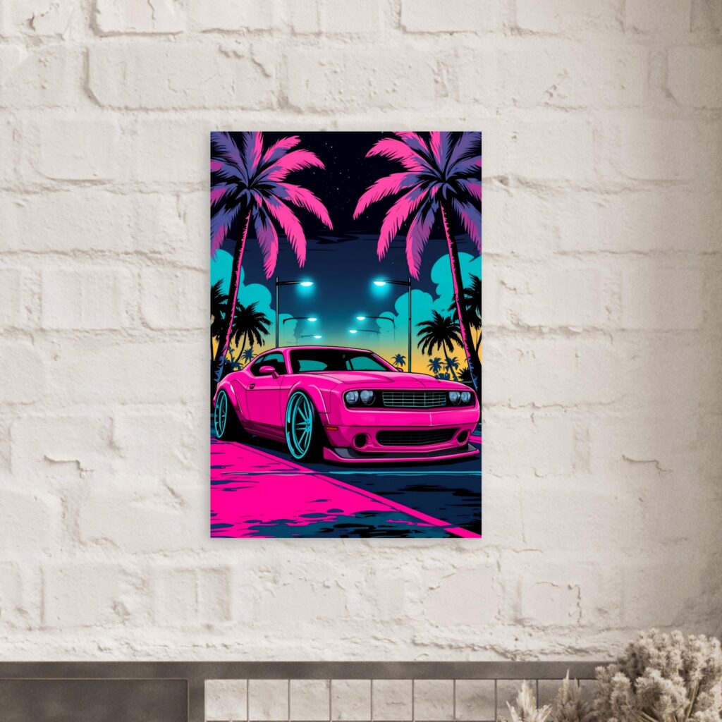 Neon Muscle Car Metal Poster (Hanging on a brick wall)