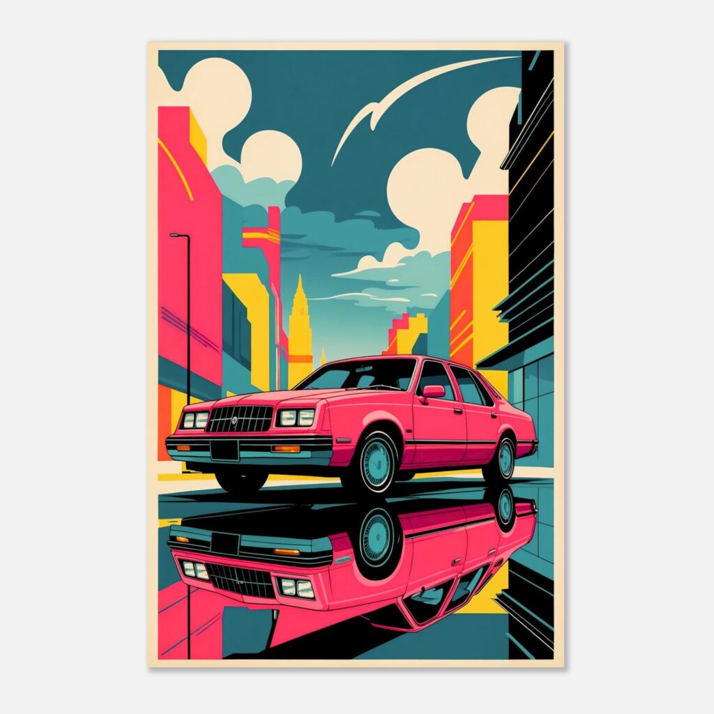 Neon Pink City Sedan – Car Metal Poster