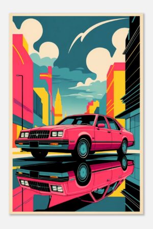 Neon Pink City Sedan – Car Metal Poster