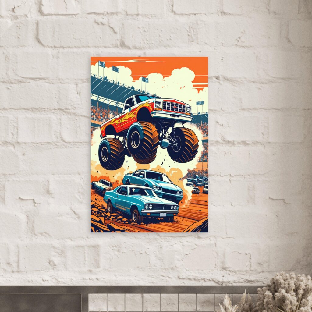 Monster Truck Jump - Metal Poster (Mounted on Brick Wall)