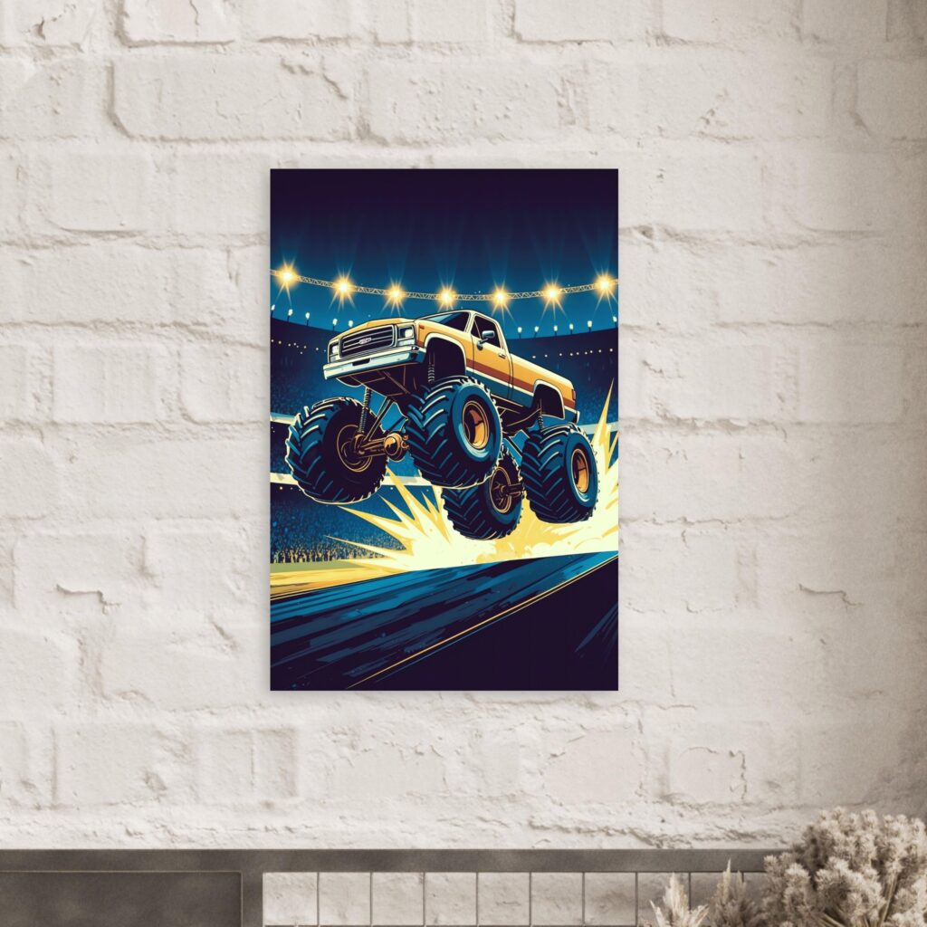 Nighttime Monster Truck Metal Poster (Mounted on Brick Wall)