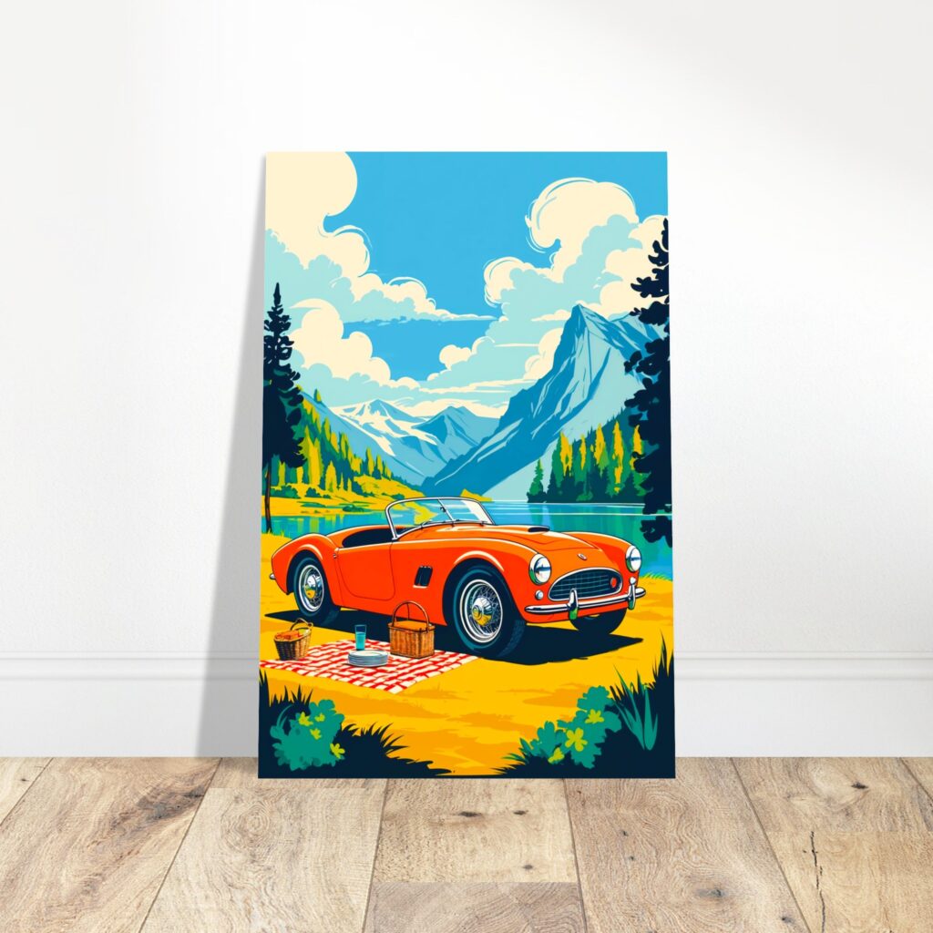 Vintage Roadster Lakeside Picnic – Car Metal Poster (Leaning on a wall on the ground)
