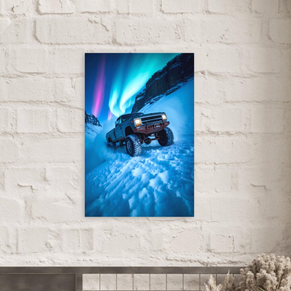 Aurora Snow 4x4 Trek – Car Metal Poster (Mounted on Brick Wall)